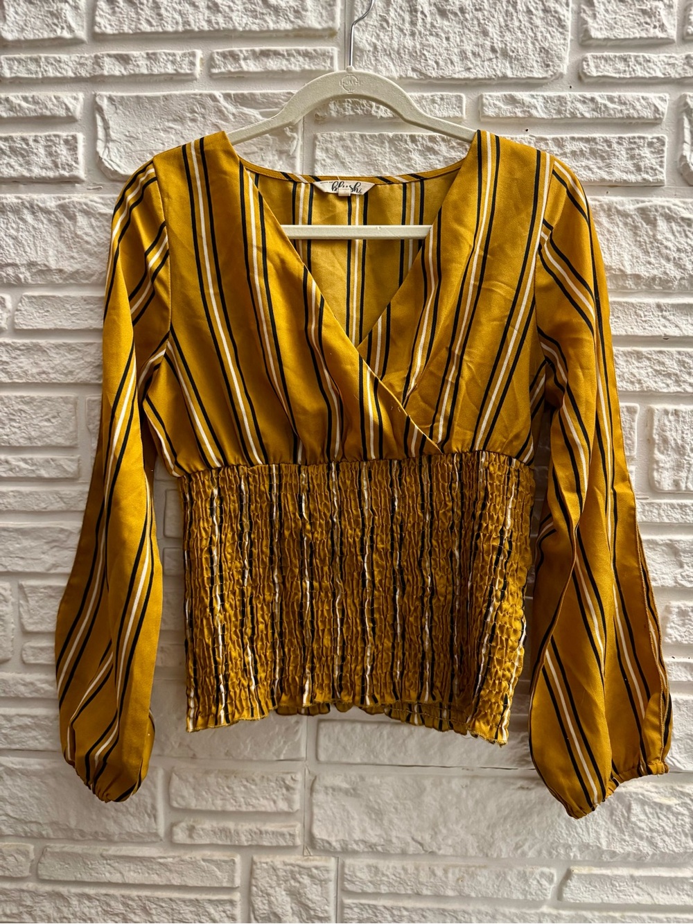Blush Mustard Yellow Vertical Striped Long Sleeve Smocked Faux Wrap Crop Blouse